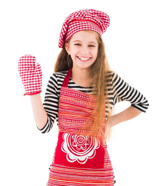 Girl in red apron and baking glove — Stock Photo, Image