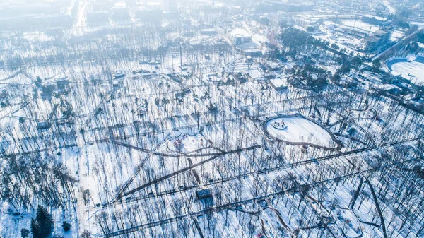 Top luchtfoto van lege stadspark in de winter met sneeuw — Stockfoto