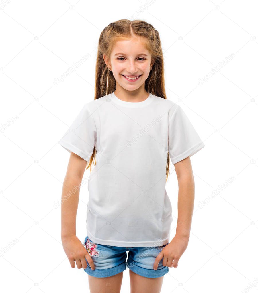 Little girl in white T-shirt on white background