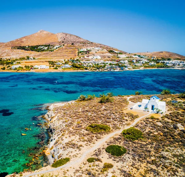 Small whitewashed orthodox church by the sea, aerial view — Stock Photo, Image