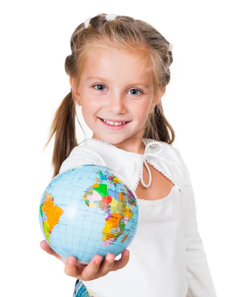 Smiling little girl holding globe i — Stock Photo, Image