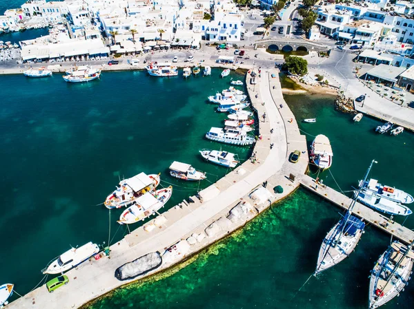 Airview of small yachts moored at jetty in Naoussa port, Greece — Stock Photo, Image