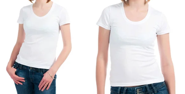 Flicka i vit T-shirt isolerad — Stockfoto