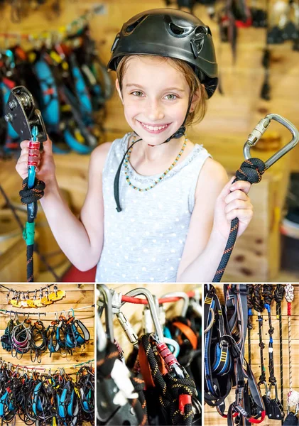 Set of little girl with climbing equipment — Stock Photo, Image