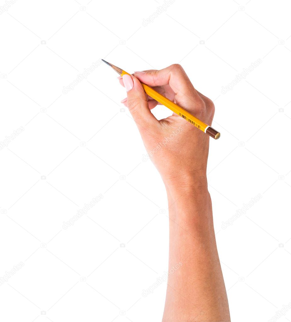 Girls hand holding pencil isolated