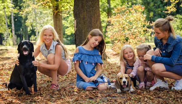 Ganska blonda flickor sitter med hundar i en park — Stockfoto