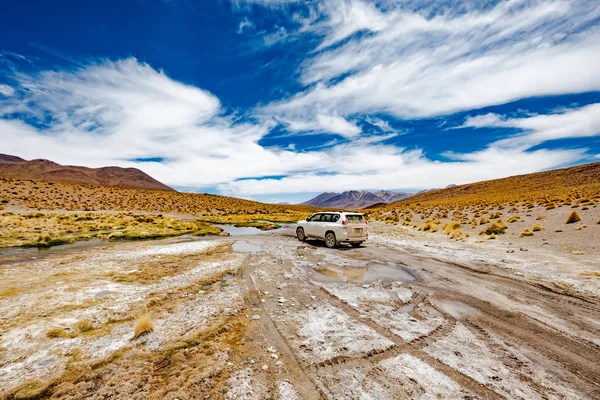 White car in Bolivian desert — Stock Photo, Image