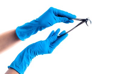 El mavi eldiven diş flatterns izole tutan