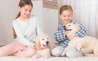 Retriever yavruları ile oturan gülümseyen kız kardeşler