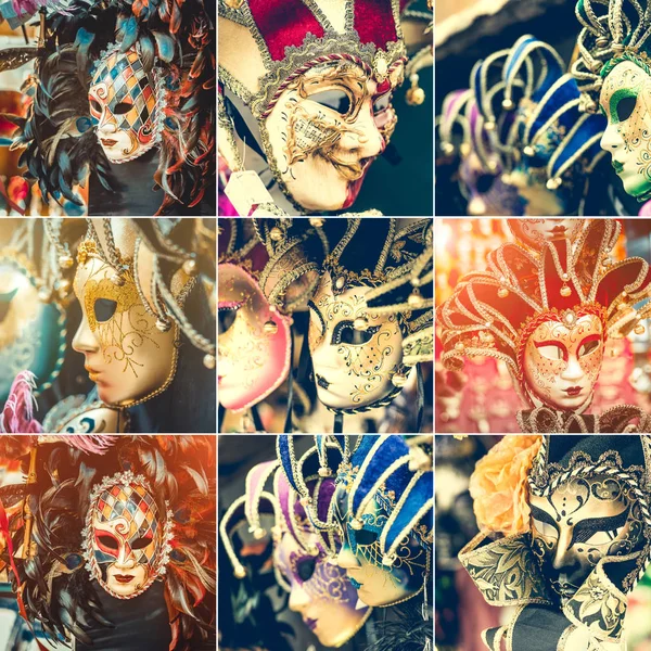 Collage van bezienswaardigheden van maskers in Venetië — Stockfoto