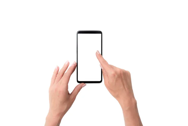 Fingere di mani utente con smartphone nero per il tuo design — Foto Stock