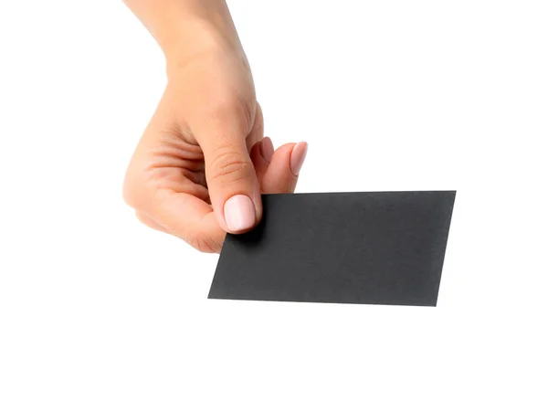 Black business card in girl hand — Stock Photo, Image