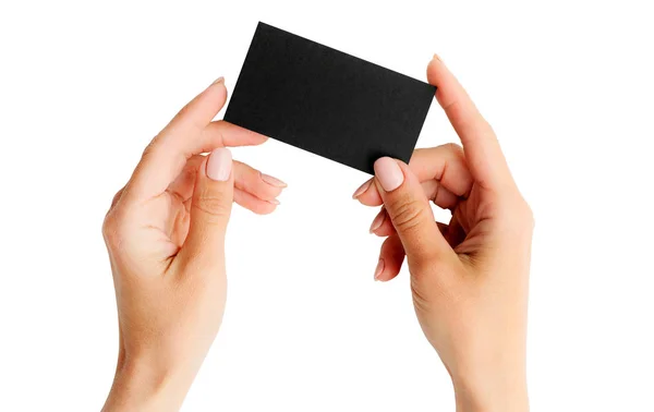 Black business card in girl hands — Stock Photo, Image