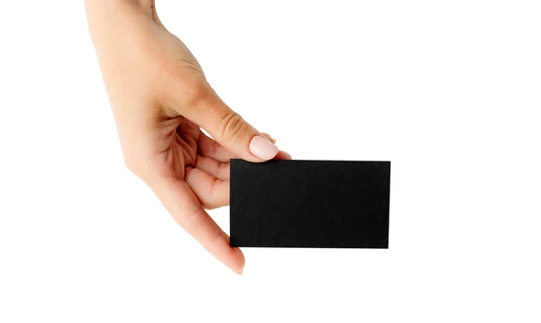 Black business card in girl hand — Stock Photo, Image