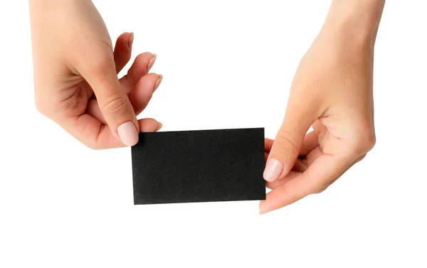 女の子の手の中の黒のビジネス カード — ストック写真