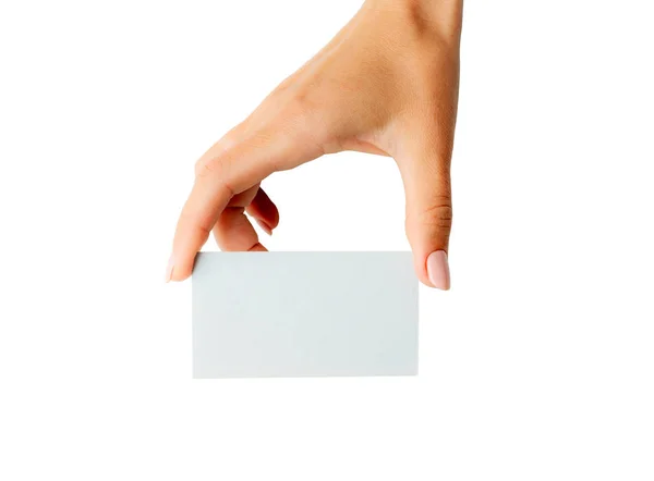 Valkoinen käyntikortti tyttö käsissä — kuvapankkivalokuva