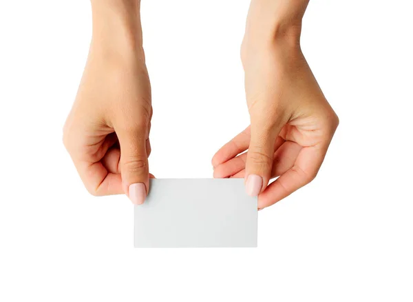 White business card in girl hands — Stock Photo, Image