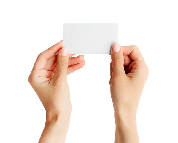 Λευκή επαγγελματική κάρτα στα χέρια κορίτσι — Φωτογραφία Αρχείου