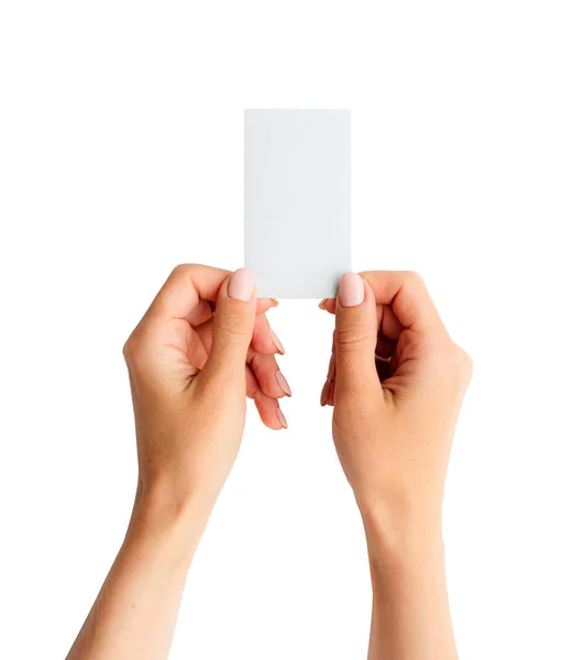 Weiße Visitenkarte in Mädchenhänden — Stockfoto