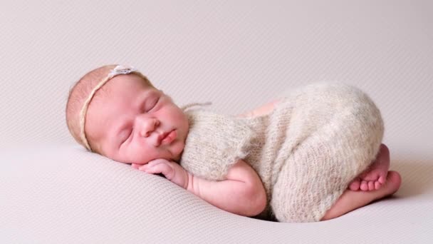 Schattig baby meisje liggend op bed met wol — Stockvideo