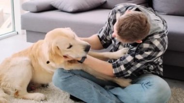 Neşeli adam aktif köpekle oynuyor.