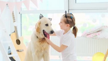 Küçük kız sevimli köpeğe jant takıyor.