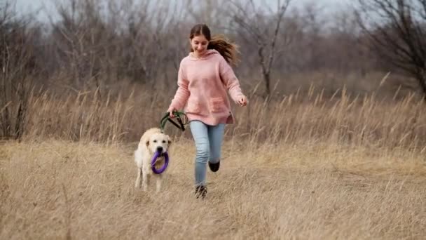 Verspielter Hund läuft mit Mädchen ins Freie — Stockvideo