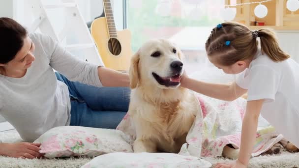 Mother and daughter palming dog on bedding — Stock Video