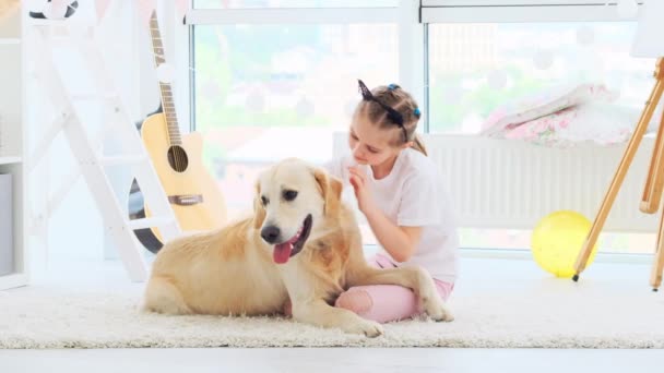 Улыбающаяся маленькая девочка ласкает красивую собаку — стоковое видео