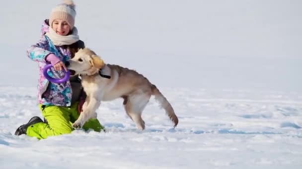 Fille avec chien dans un champ neigeux — Video
