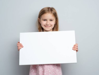Okullu kız elinde boş beyaz poster tutuyor.