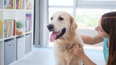 Küçük kız aydınlık odada köpeğini okşuyor.