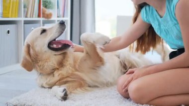 Küçük kız aydınlık odada köpeğini okşuyor.