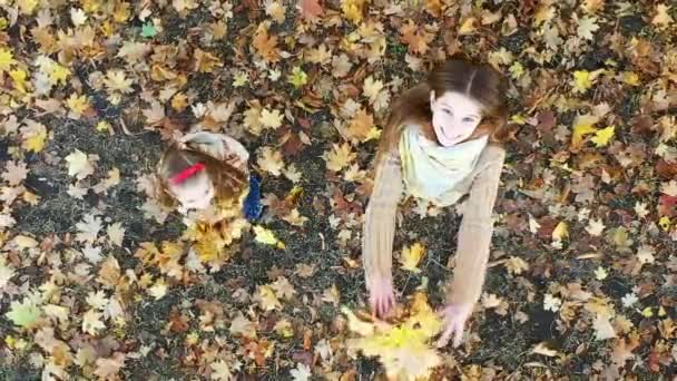 Zwei süße kleine Schwestern werfen freudig ein Bündel herabgefallener Ahornblätter in den Wald — Stockvideo