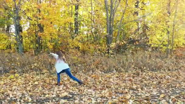 Güzel küçük kız düşen akçaağaç yaprakları arasında tek başına dans ediyor. — Stok video