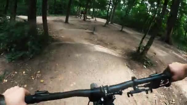 Entrenamiento de ciclista de montaña en el bosque — Vídeo de stock