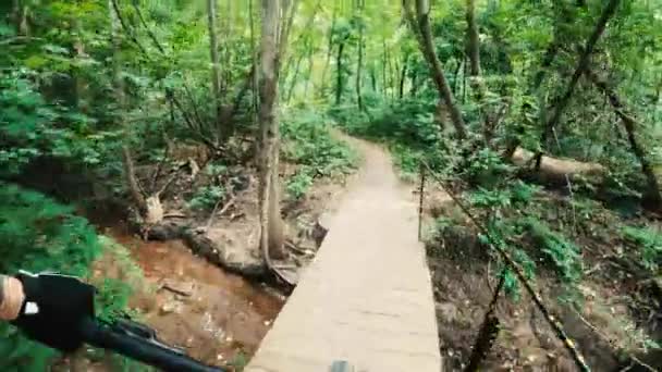 Ormanda dağ bisikletçisi eğitimi — Stok video
