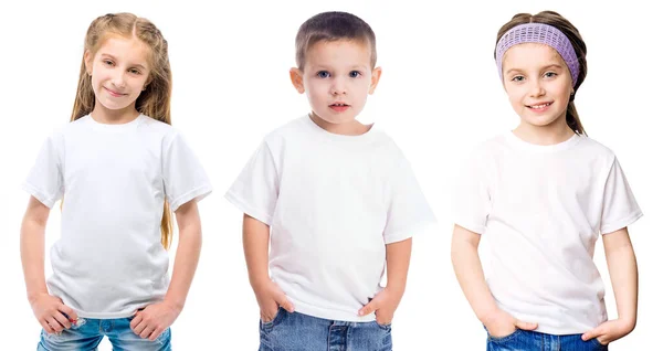Набор детей в белых футболках, изолированных для вашего дизайна — стоковое фото
