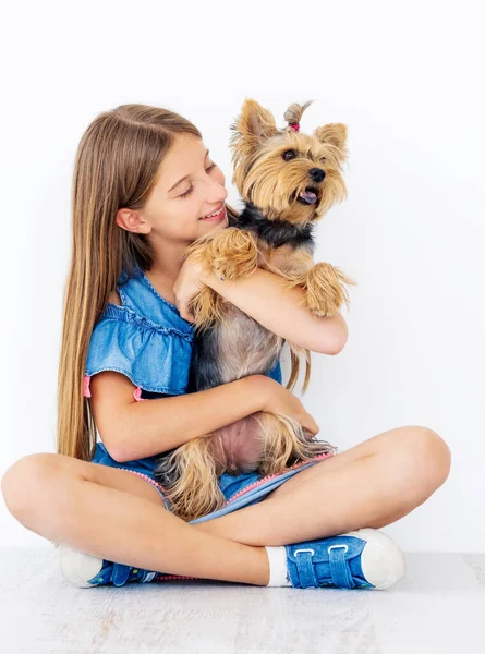 Oturan kız küçük köpeği tutuyor. — Stok fotoğraf