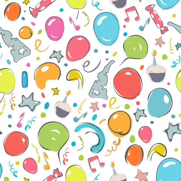 Happy Birthday Seamless Patern Balloons Confetti Stars Firework Music Notes — Stock Vector