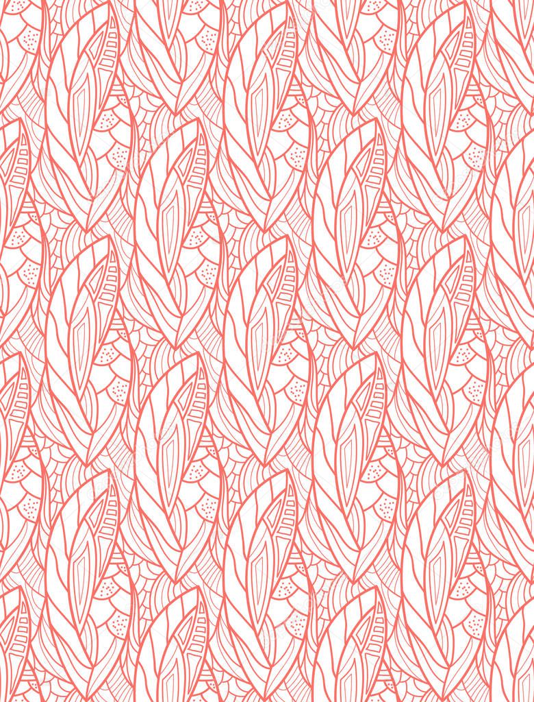 Seamless floral pattern. Fabric leaf texture. Living coral color.  Vector illustration.
