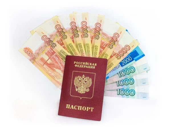 Russian passport with money isolated on white background. Russian rouble banknote cash. — Stock Photo, Image