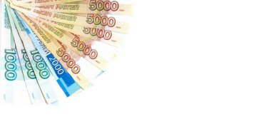 Rus Rublesi para banknot kağıt para. Beyaz izole. Geniş yatay Çerçevenizin yönünün