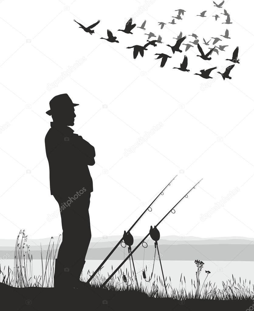 Vector illustration of fishing and migrating goose
