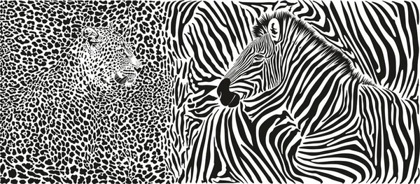 Černobílé Vektorové Ilustrace Pozadí Zebrou Leopardím Motivem — Stockový vektor