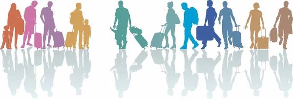 一组带着行李的游客的彩色轮廓图 — 图库矢量图片