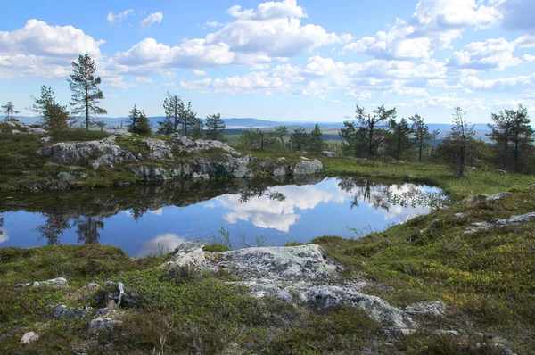 Pequeño Estanque Sarkitunturi Cayó Superior Refleja Cielo Azul Nubes Blancas — Foto de Stock