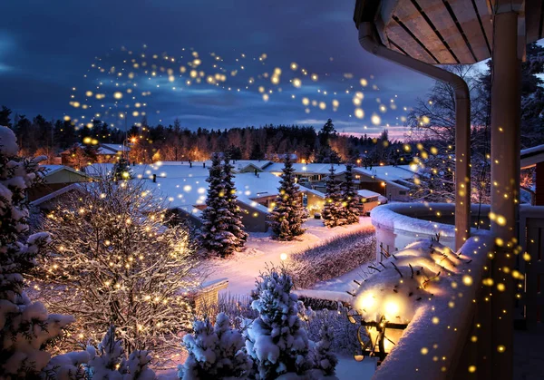 Snöig Jul Gatan Magiska Vinter Känsla Landskap Sett Från Balkong — Stockfoto