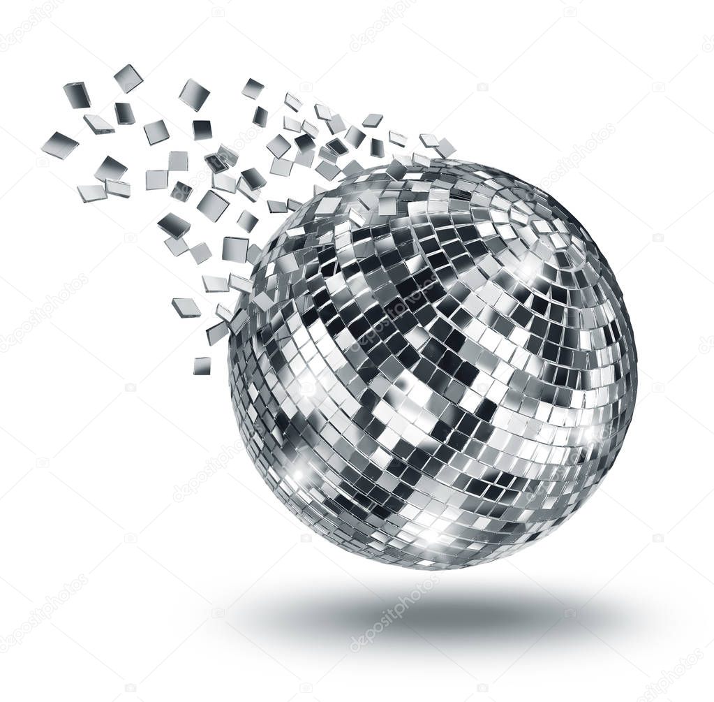 Vintage disco mirror ball breaking into flying glass pixel fragments on white background