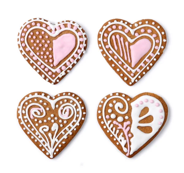 Homemade Gingerbread Heart Shaped Cookies Sugar Icing Decoration White Background — Stock Photo, Image